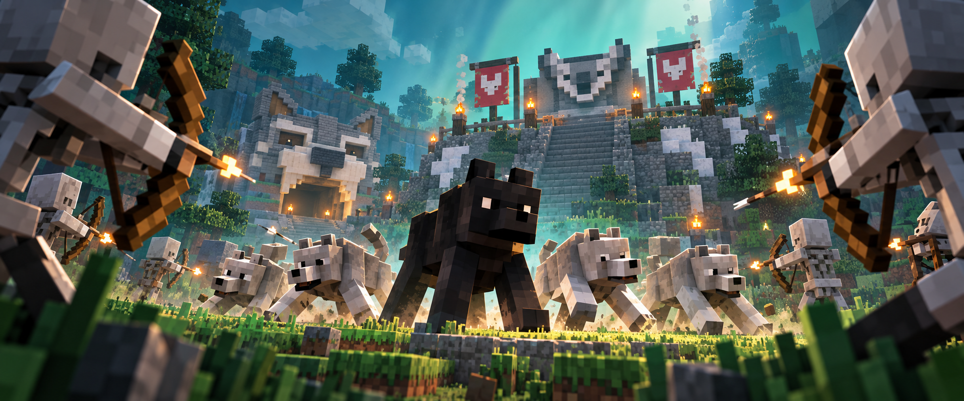 Minecraft 方塊風格概念圖：黑色狼王居中，灰色護衛狼分列兩側，迎向骷髏弓箭手；後方為狼王嶺與狼窟。